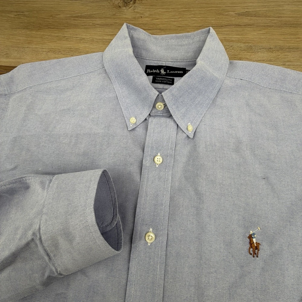 RALPH LAUREN POLO MEN YARMOUTH SHIRT 16.5 35 SOLID BLUE COTTON OXFORD